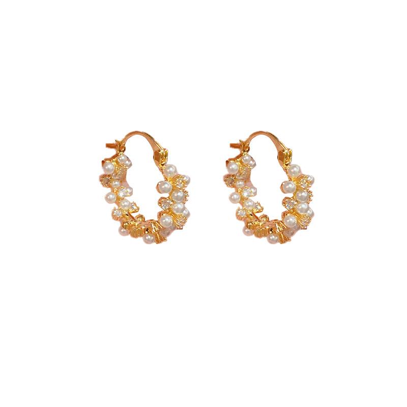 French Retro Sweet Luxury Pearl Zircon Hoop Earrings For Women