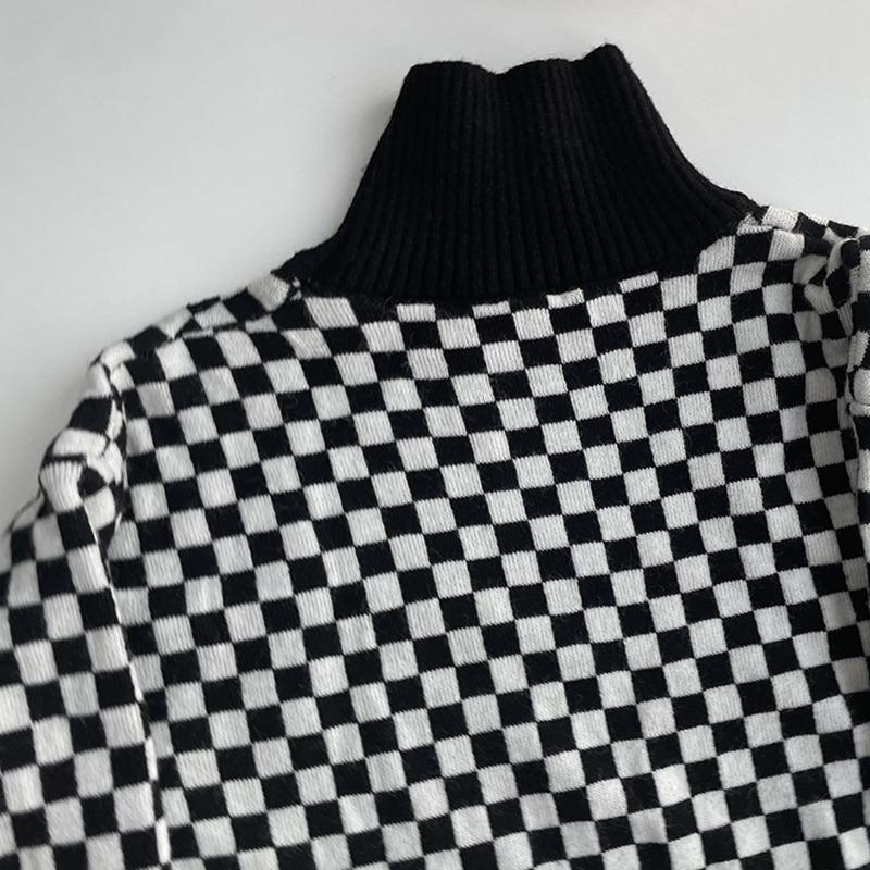 Women's Autumn and Winter Checkerboard Lapel Loose Knit Colour Block Sweater