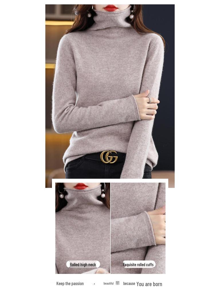 Women's Pure Wool Turtleneck Sweater - Autumn/Winter Fashionable Knitted Cashmere Pullover