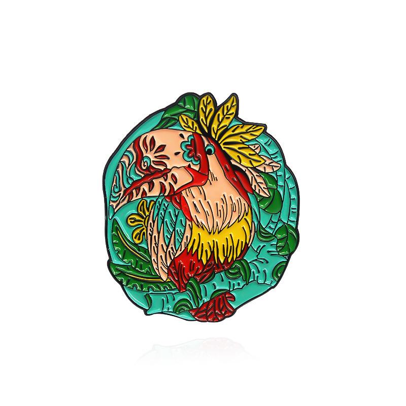 Fashionable Enamel Pin: Colorful Toucan & Long-Necked Bird with Gorgeous Feathers Badge