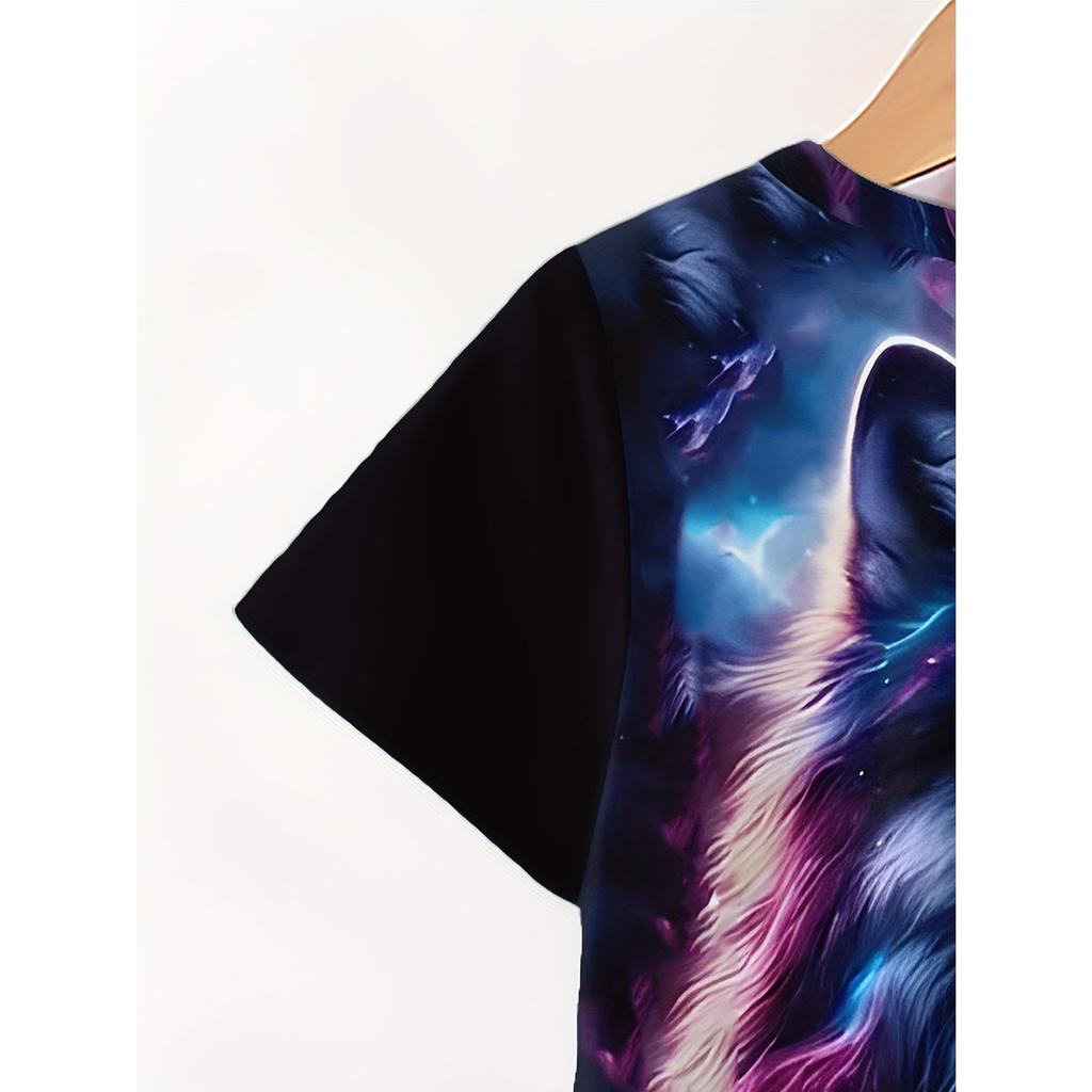 Boy's Wolf Head Animal Pattern Domineering Set, Fashionable Printed Casual Short Sleeved T-shirt, Outdoor Personalized Shorts Set