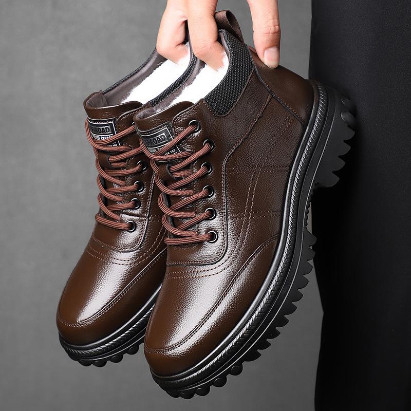 New Designer Wool Business Casual Shoes Men Winter Keep Warm Cow Leather Boots Male Anti-slip Lanyard Platform Ankle Boots Man