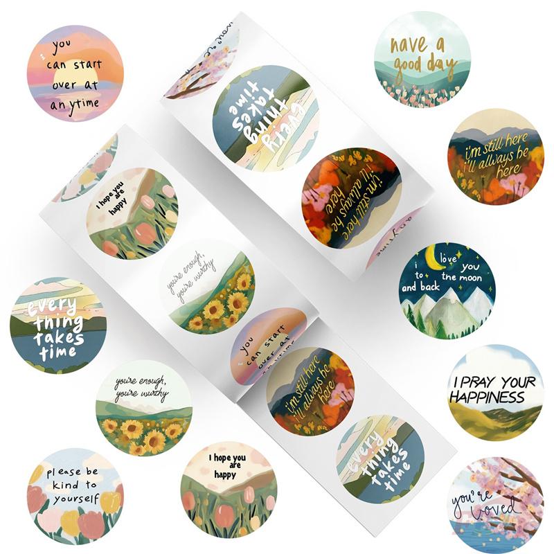 500Pcs/Roll Healing Scenery. Encouraging Words Kids Rewards Stickers - DIY Scrapbooks Album Decor Sealing Label Decals