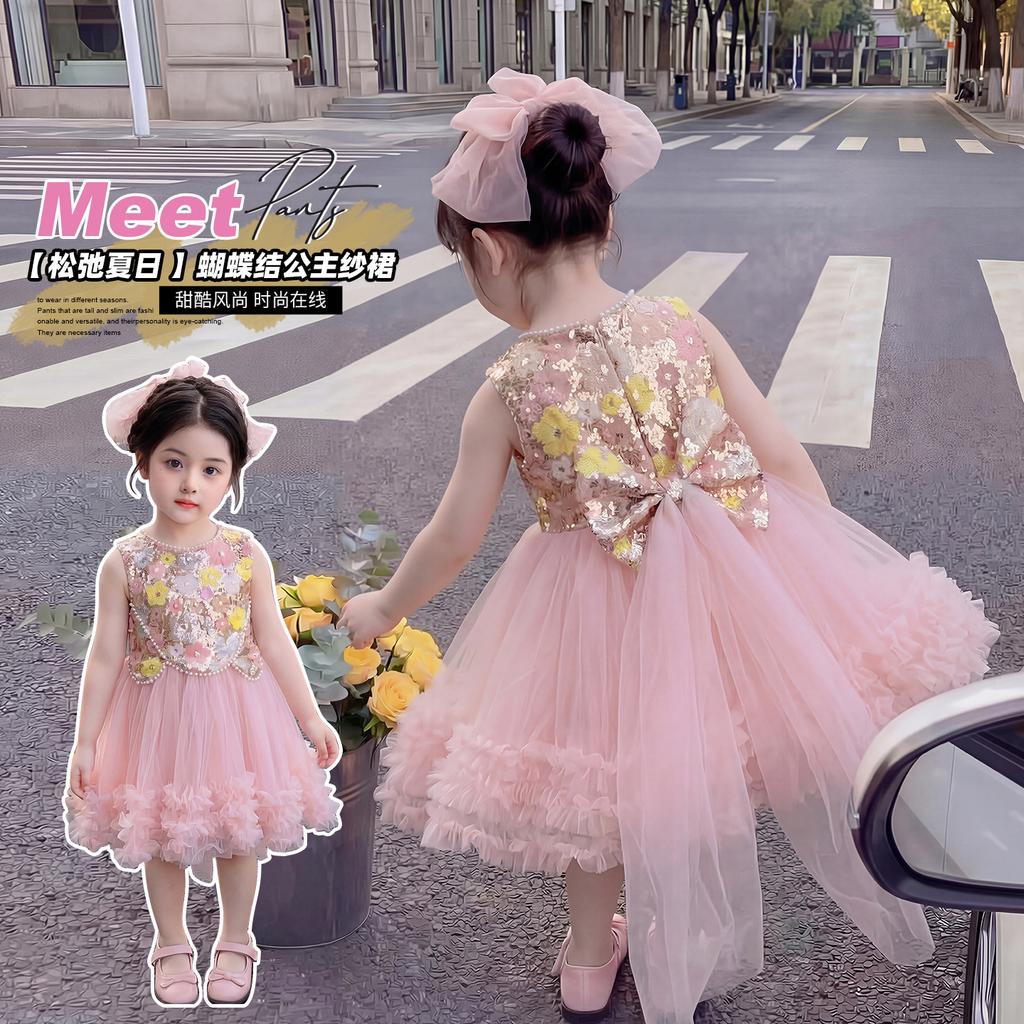 Girl's Pink Mesh Sleeveless Dress Summer Baby Girl Sweet Big Bow Dress Performance Princess Dress
