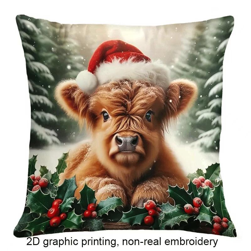 2D Flat - 1 Cute Charming Christmas Highland Cow Holly Berry Design Double-Sided Printed Christmas Pillow Cover | Polyester, Zipper Closure, Machine W