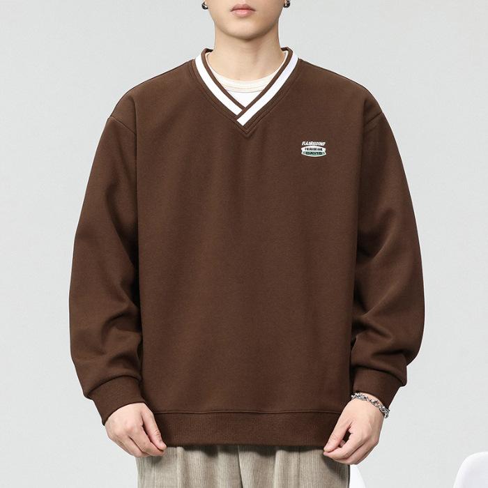 

Осенний свитер мужской свободный большой размер V-образный вырез пуловер длинный рукав подростковый студенческий стиль топ прилив 4XL темно-коричневого