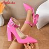 Aphixta 3.94 Inch High Square Heels Pumps Women 2cm Bling Crystal Belt Buckle Strap Shoes Chunky Heels Super Big Size 35-53