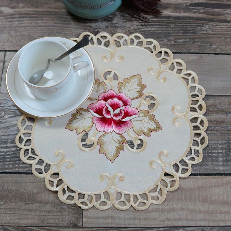 NEW satin rose flower embroidery table place mat cloth Wedding Christmas party placemat kitchen Table decoration and accessories for Home