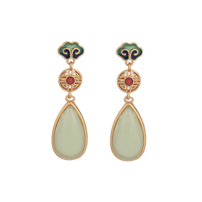 Aieryuan Hanfu Enamel Stud Earrings with Imitation Jade & Southern Red Agate Cloud Design