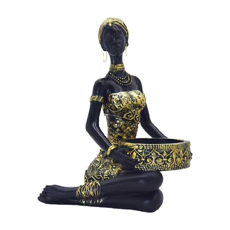 

African Sitting Woman Statues Resin Tribal Lady Figurines for Candy Dish,Key Holder Decorative Sculptures Home Decors 1