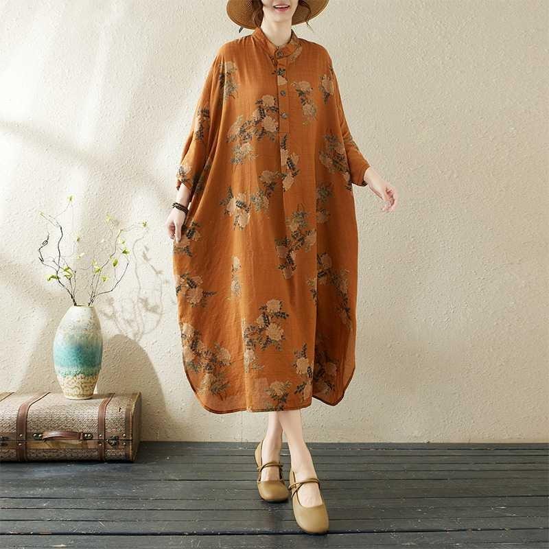 Printed Stand Neck Loose Oversized Vacation Dresses