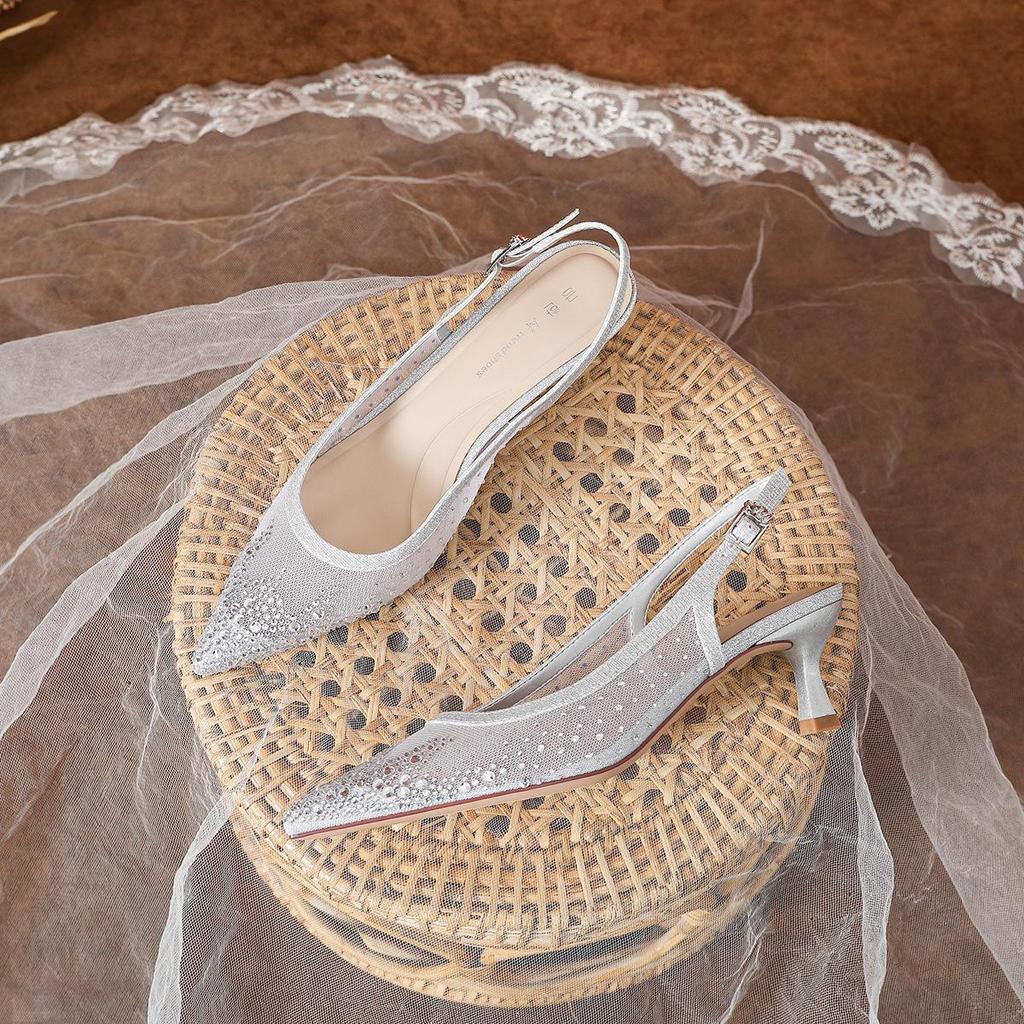 Champagnefärgade strass-mesh-sandaler med hög klack - Dambrud- och aftonskor