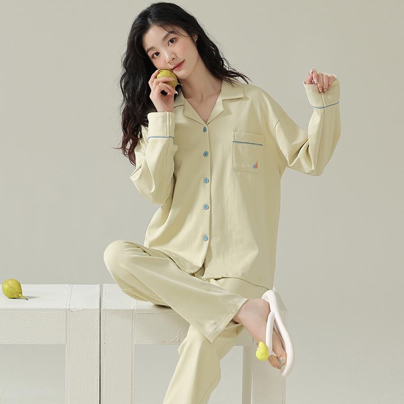 Damen Baumwoll-Pyjama-Set - Langarm, Lange Hose, Revers-Cardigan, Vielseitig für Zuhause oder Freizeitkleidung