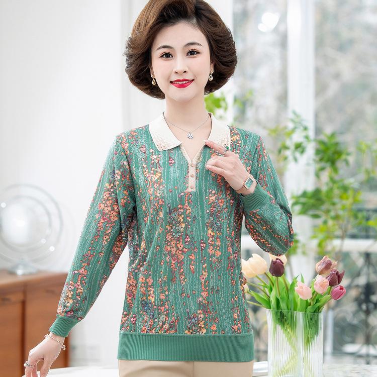 

Топы для женщин Бабушкины лацканы и цветочный принт для одежды для женщин среднего и пожилого возраста Весна и осень Базовая футболка для матери Новый стиль 3XL зелёный