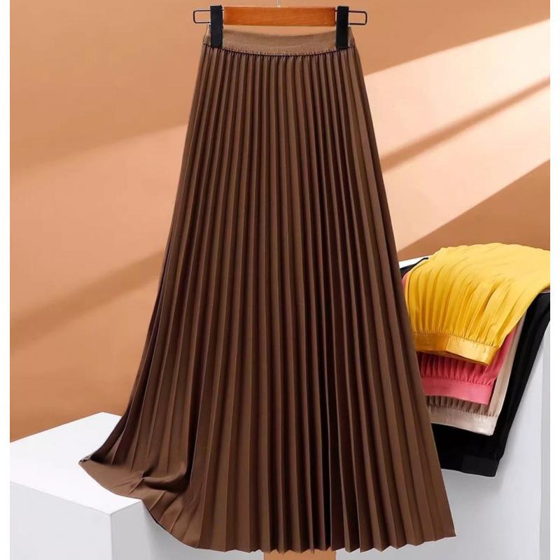 Women's Boho Satin Metallic Pleated Skirts Elastic High Waist Flowy A Line Skirt High Elastic Waist Pleated Chiffon Skirt Midi Swing A-line Skirts