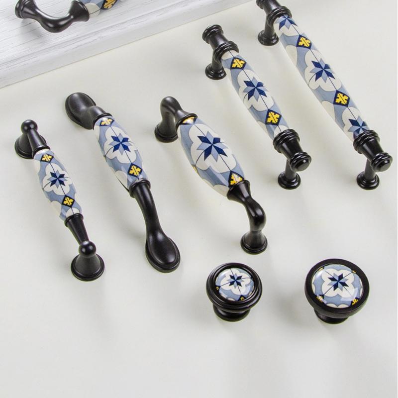Nordic Style Blue Flower Ceramic Cabinet Pulls Non-slip Furniture Handles Knobs for Drawer Wardrobe Home Decor