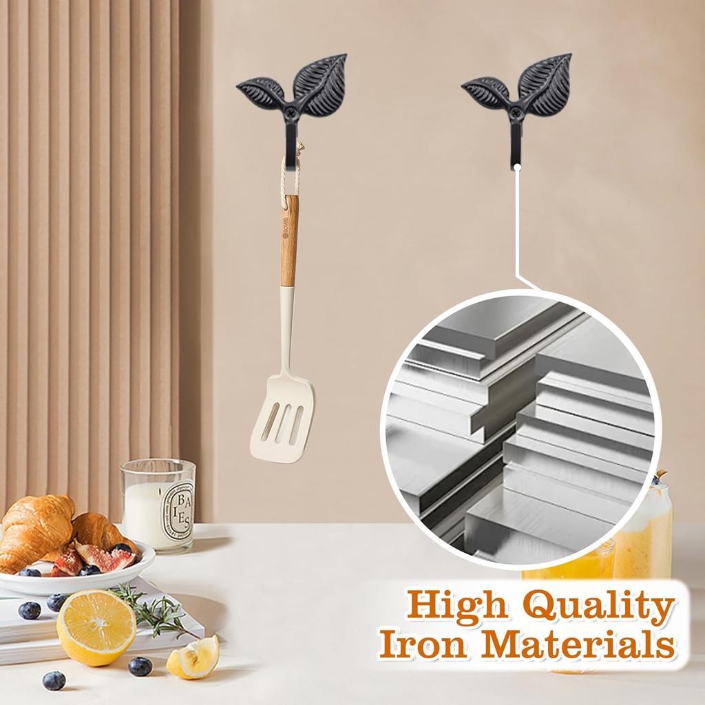 Set of 4 Vintage Leaf Wall Hooks Black Metal Coat Hooks Heavy Duty Decorative Iron Hook Wall Mounted Hangers for Hanging Towels Coats Hats Scarf Bags