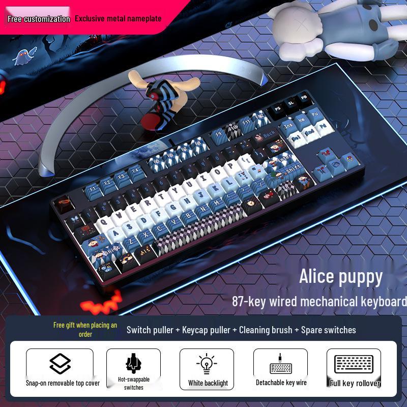 87-Key Cute Mechanical Keyboard, Wired Blue Switch, Personalized PBT for Gaming, Esports, Office, Creative Girls