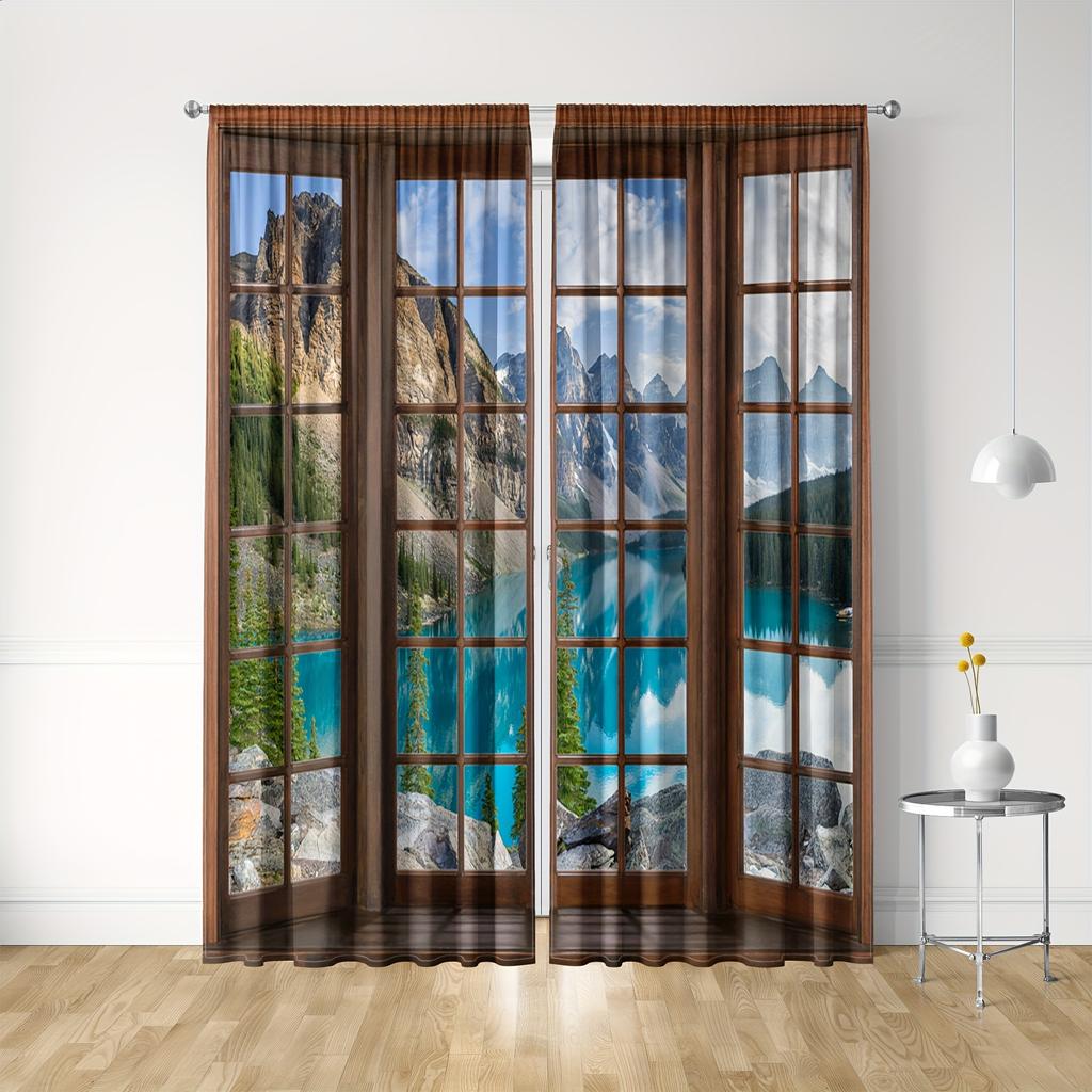 2pcs Waterfall Mountain And River Scenery Spring Window Print Curtain Digital Printed Curtain For Living Room Kitchen Bedroom