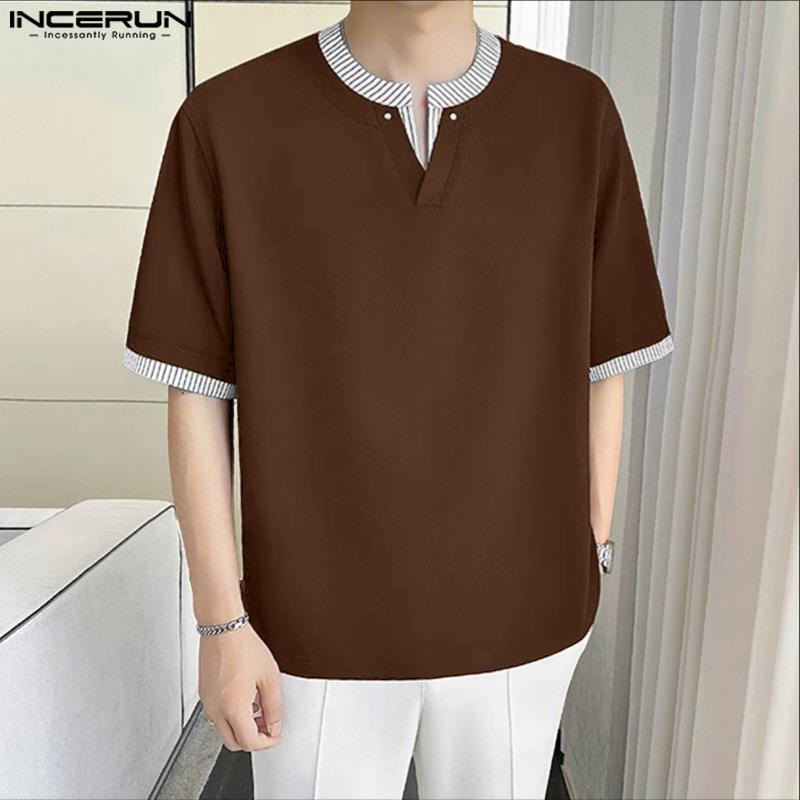 INCERUN Men's Short Sleeve Casual Striped Patchwork Oversized Tops T-shirts