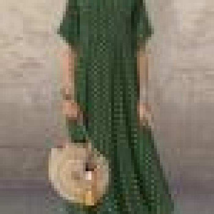 Damska sukienka z okrągłym dekoltem i krótkim rękawem w kropki Na co dzień letnie długie sukienki Szaty Poliestrowa sukienka