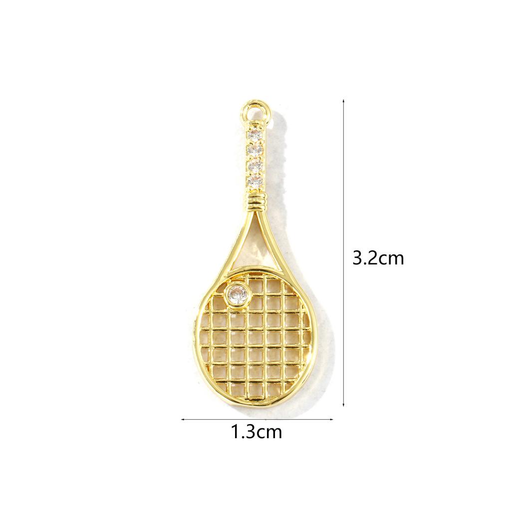 2PCs Brass Sport Pendants 18K Gold Plated Tennis Racket Hollow Clear Cubic Zirconia Charms For DIY Necklace Making 3.2cm x 1.3cm