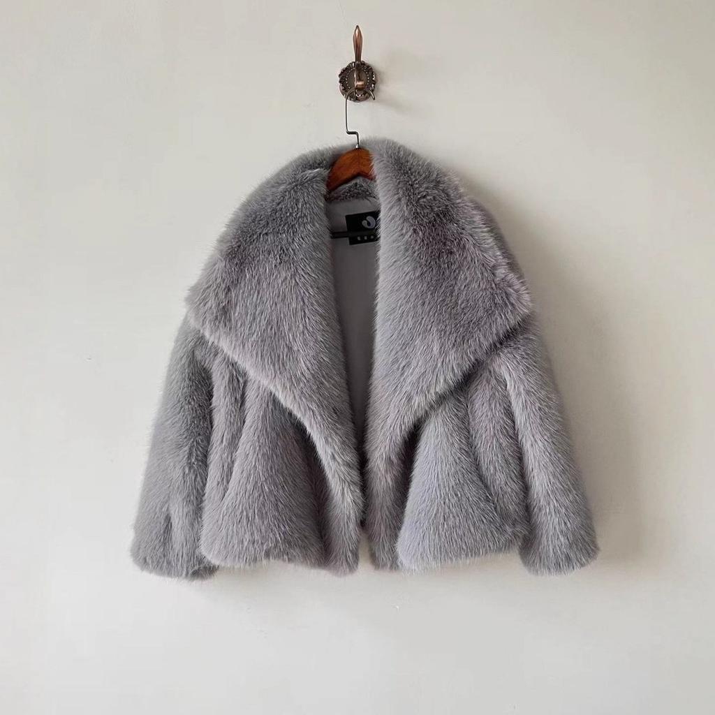 Damen Reverskragen Langarm Kunstpelzmantel Lockerer Schnitt Streetwear Pelzjacke