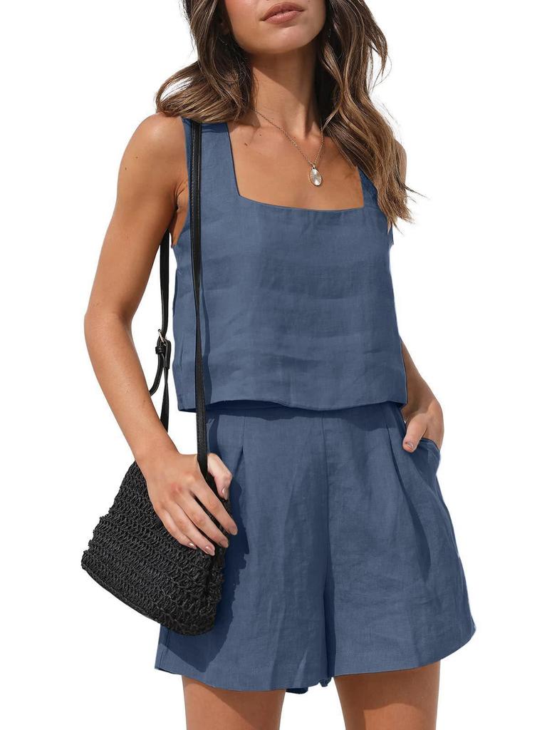 New Women's Outwear Set Linen Shorts Sleeveless Top Vest