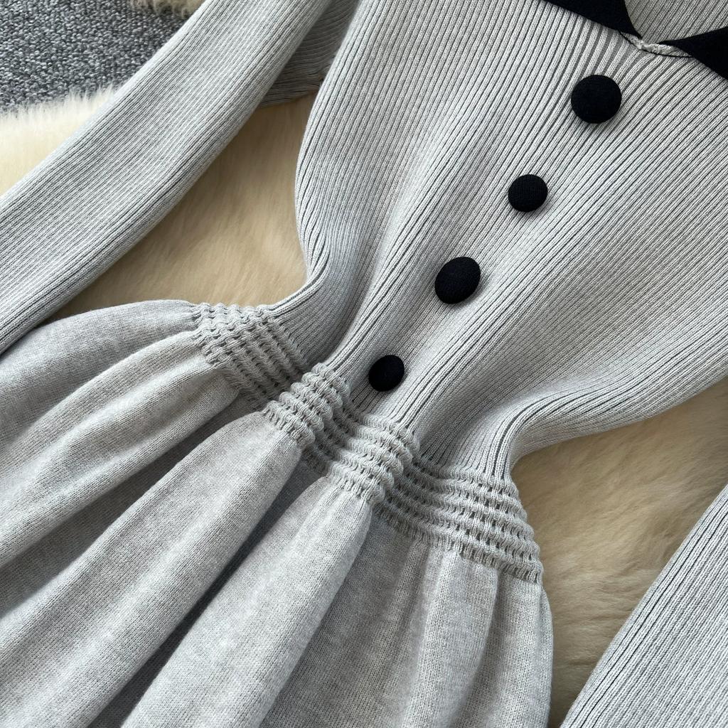 Korean-Style Peter Pan Collar Knit Dress for Women Fall Single-breasted Long Sleeve Slim-Fit Professional Elegant Sweater Dress
