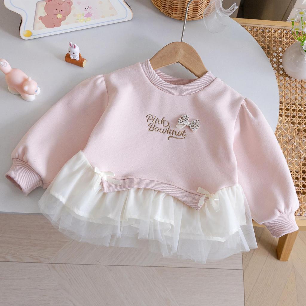 Autumn 25 Lace Trim Korean Style Sweatshirt for Girls - Embroidered Bow Top with Trendy Lettering