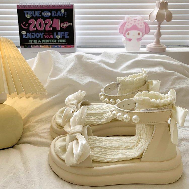 

Girls sandals 2025 new summer children s princess shoes medium and large children s girls pearl shoes students small fragrant shoes 37 бежевий