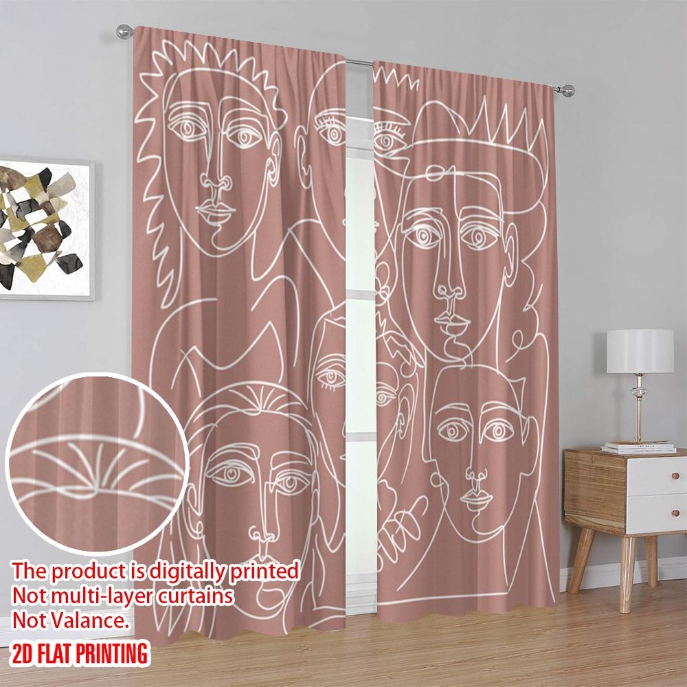 2pcs,2D Plane Printing Window Curtain Cubist Faces Versatile 100% Polyester (without Rod) Festive Perfect for Bedroom, Living