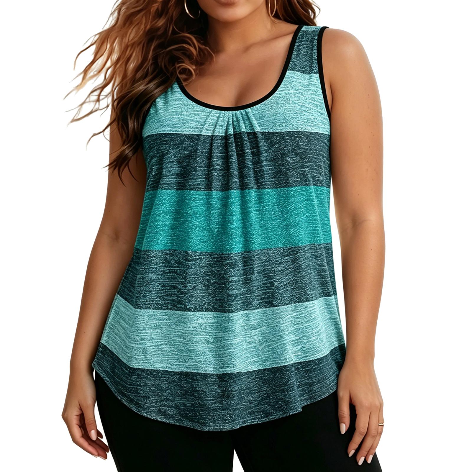 

Plus Size Sleeveless Patchwork Stripe Print T-Shirt Casual Printed Short Sleeve Top for Women Summer Wear XL небо синє кольору