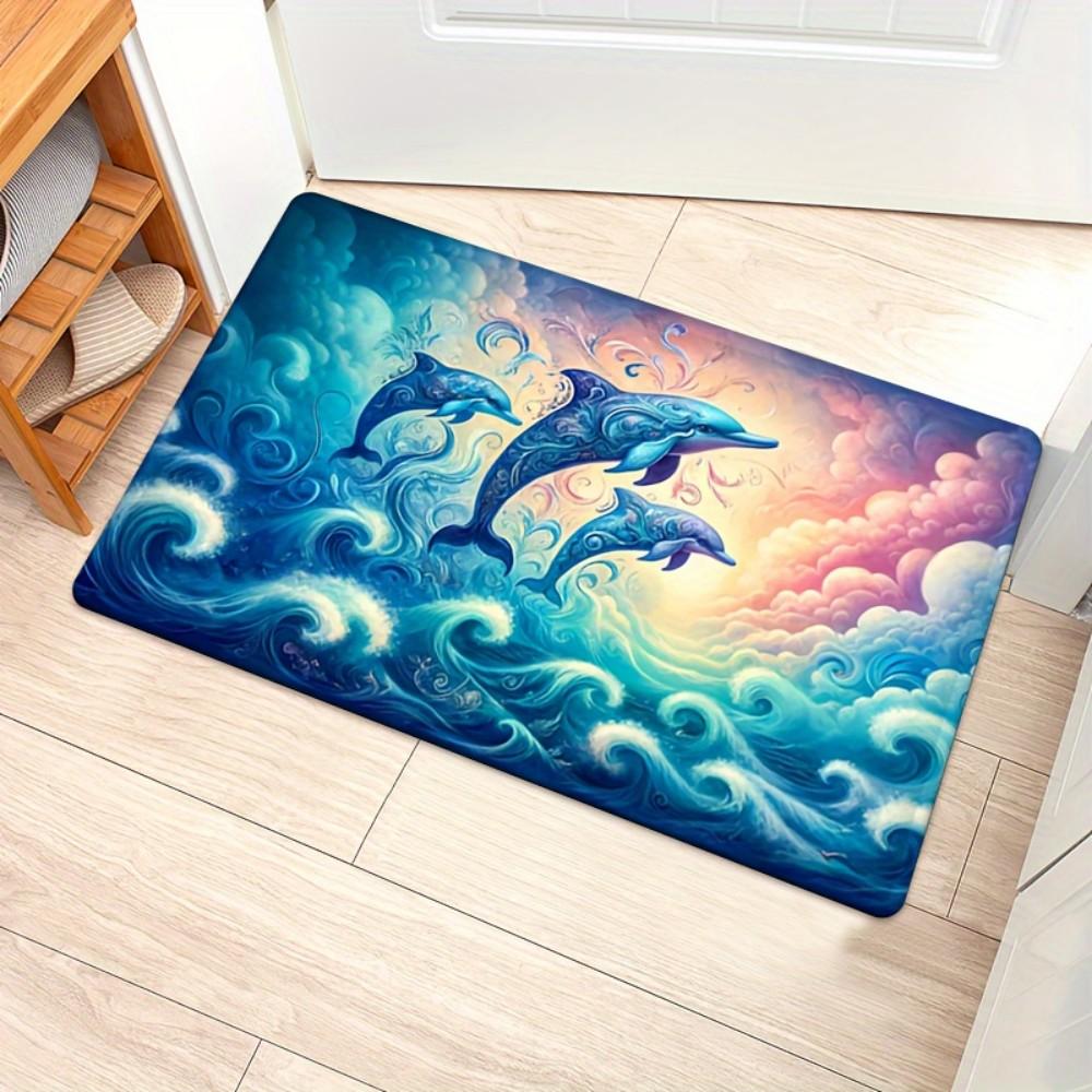 Blue Dolphin Doormat, Non-Slip Absorbent Bath Mat, Washable Office Welcome Rug, Polyester Machine-Woven
