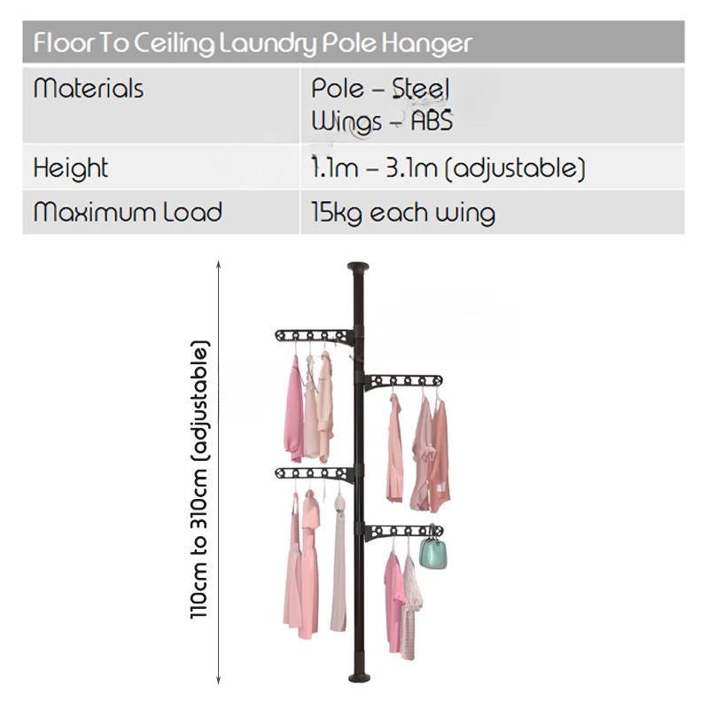Adjustable Clothes Drying Hanger Rack with Floor To Ceiling Tension Pole High Capacity Laundry Pole Hanger