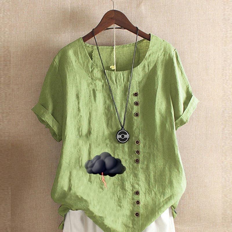Women's Fashion Round Neck Short Sleeve T-shirt Casual Cotton Linen Graphic Shirt Leisure Loose Dark Clouds Prined Summer Blouse Tops