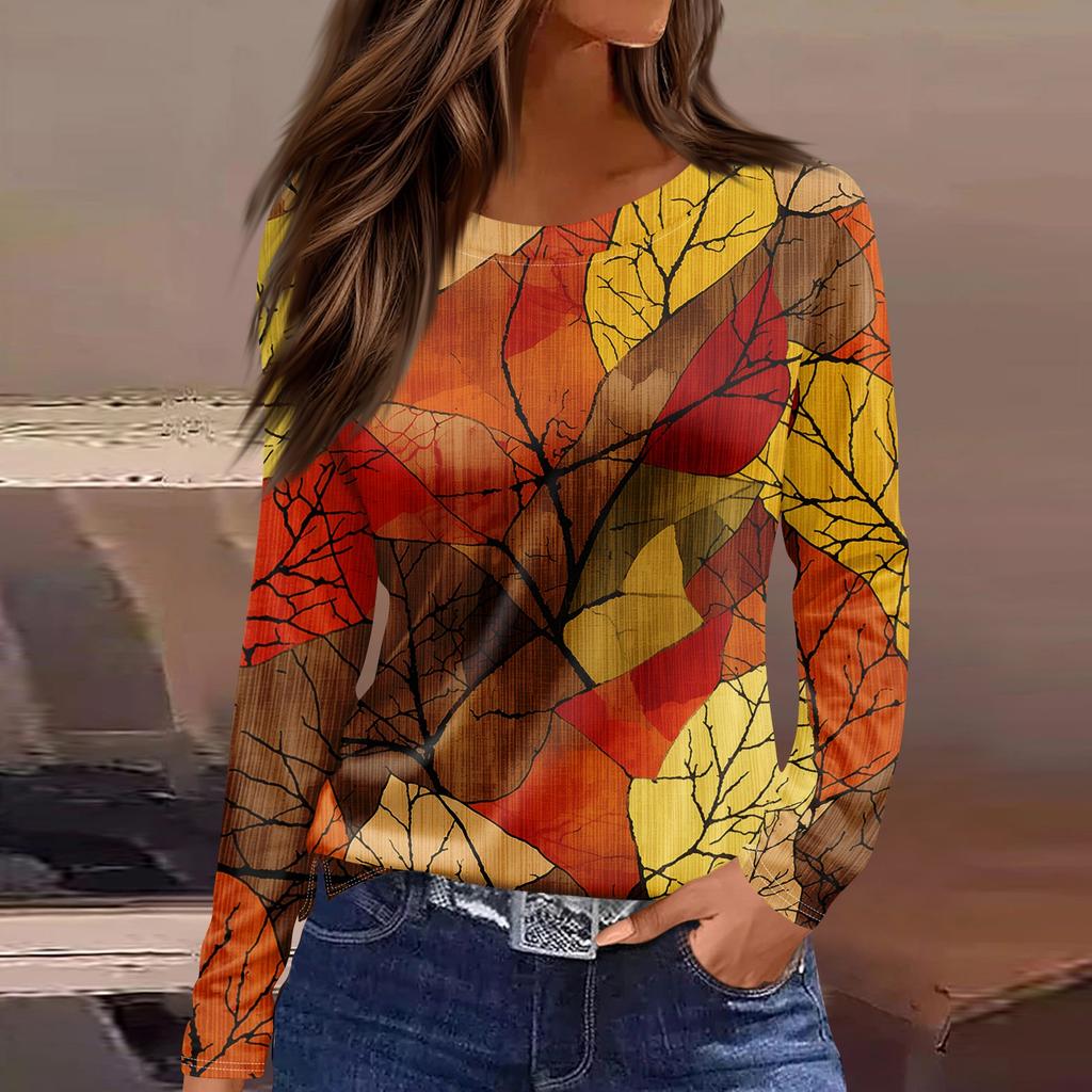 Women's Casual Long Sleeve Maple Leaf Print Round Neck Blouse for Everyday Wear