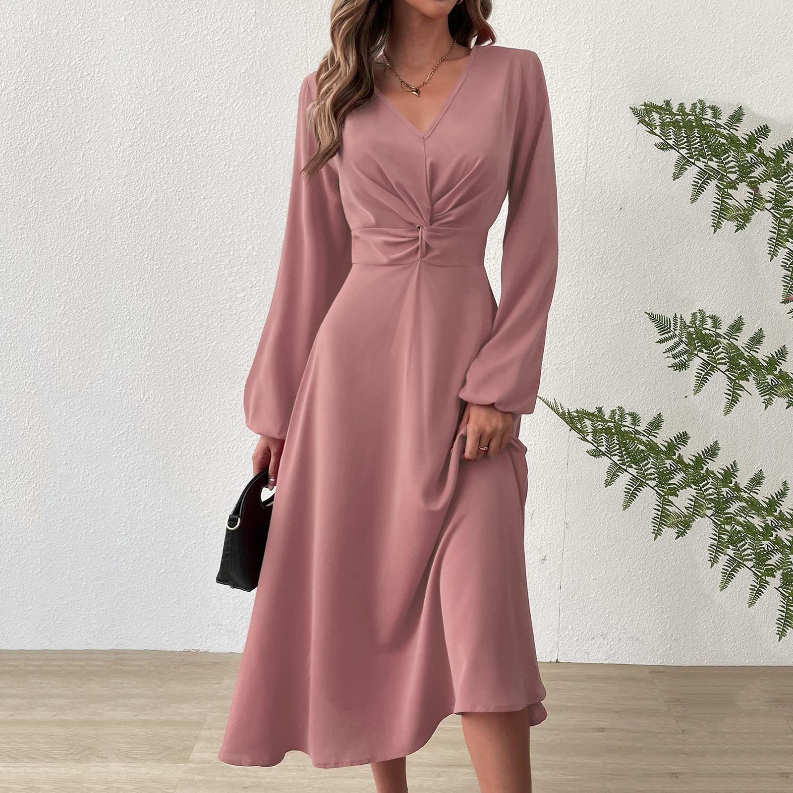 

Женское модное повседневное однотонное платье с V-образным вырезом и перекрученными длинными рукавами L розовый