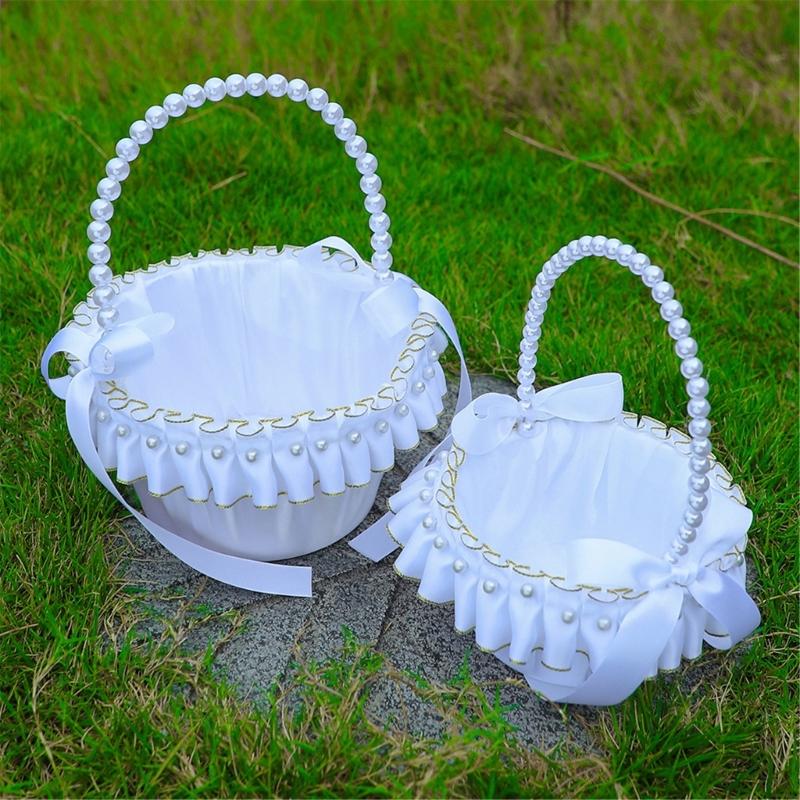 Elegant White And Gold Wedding Decorative Basket For Bridal Ceremonies Parties Decors Durable Fabric Storage Container