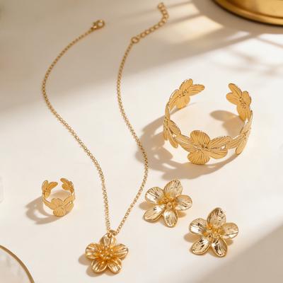 European and American Retro Gold Flower Pendant Necklace Bracelet Ring Stud Earrings Five-piece Jewelry Set Women