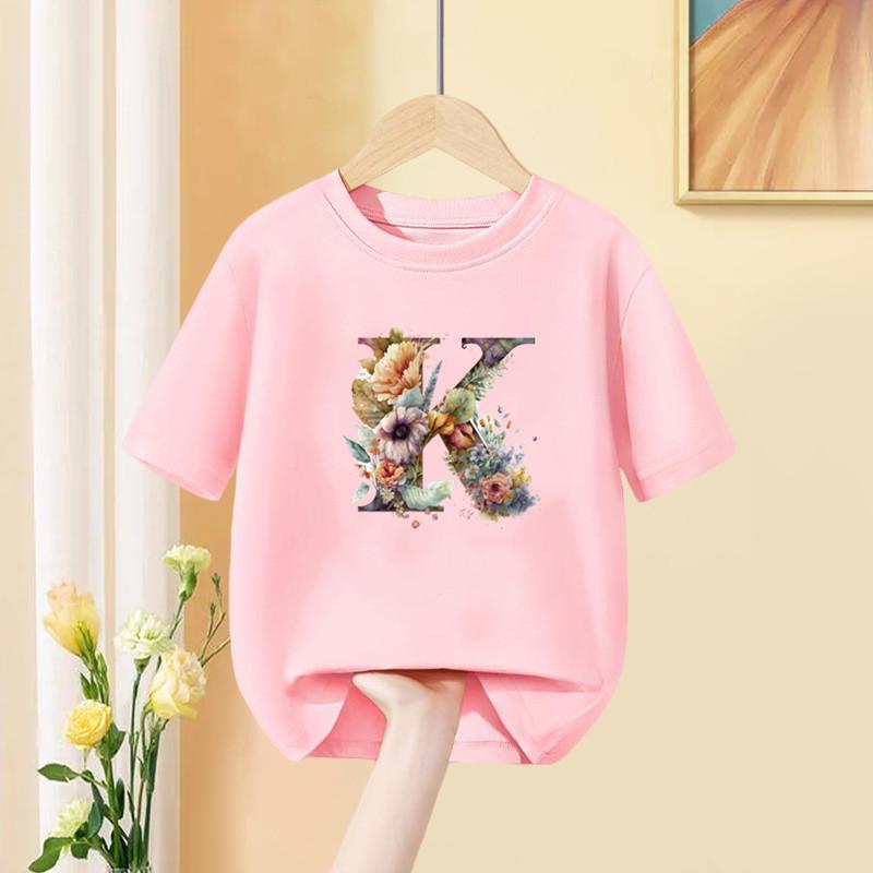 Girls T Shirt Custom Name Letter Combination Print Tshirt Flower Letter Font A B C D E F G Short Sleeve Kids Pink Tops