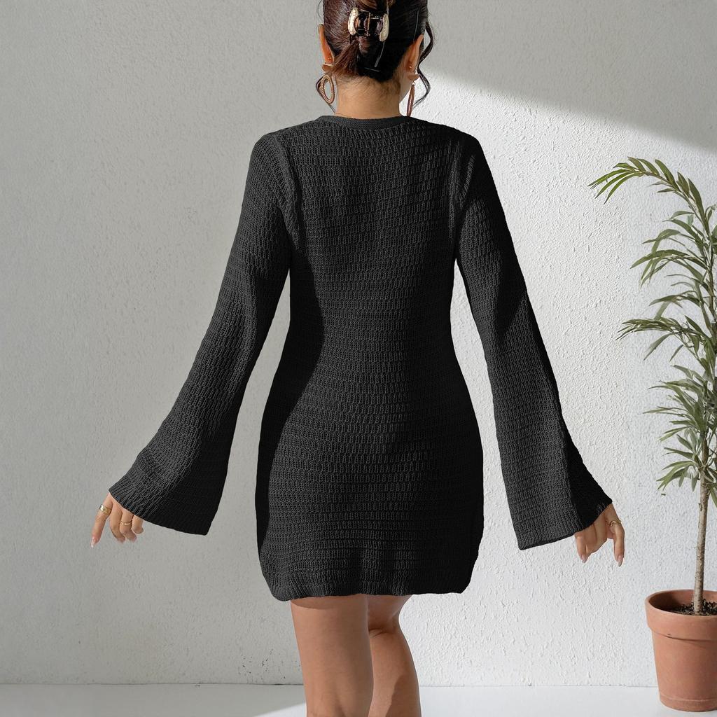 Fashionable Women's Sexy Deep V Hollowed,out Bell Sleeve Beach Cover,up Bikini Outer Dress