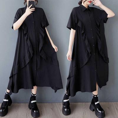 Summer Black Fungus Lace Shirt Dress, Loose and Fashionable Mid Length Dress