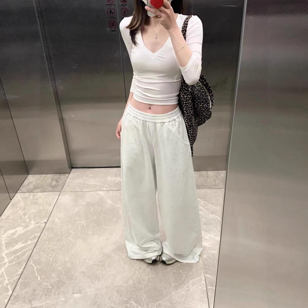 American Street White Short Sleeve T-Shirt Women's Summer Design Slim Bottom Shirt V-Neck Long Sleeve Spring Spice Girl Top