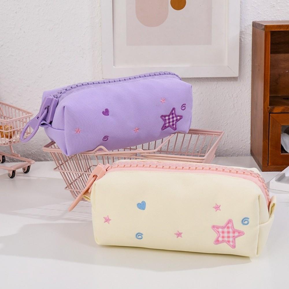 Heart Zipper Pull Stationery Organizer Pouch Star Pattern Pen Storage Bag  Office Use