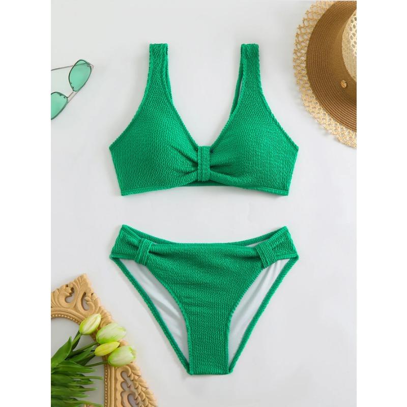 Summer New Women's 2 Piece Swimsuit Solid Color High Waist Bikini Set V-neck Backless Beach Vacation Bathing Suit Swimwear