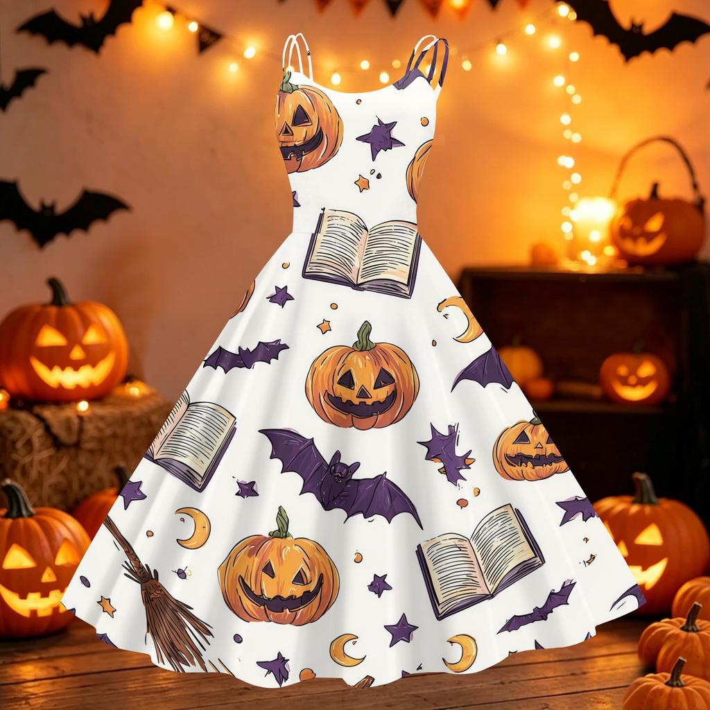 Women's Vintage Punk Off Shoulder Dress Halloween Print Sleeveless Spaghetti Strap Swing Dress Retro Gothic Style Dress