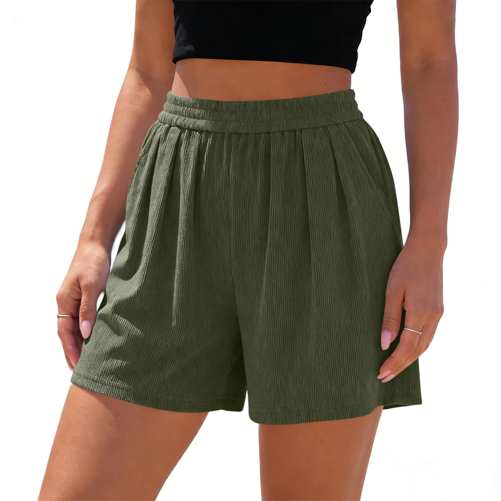 Ladies  Color Loose Linen Casual Pocket High Waisted Beach Shorts S