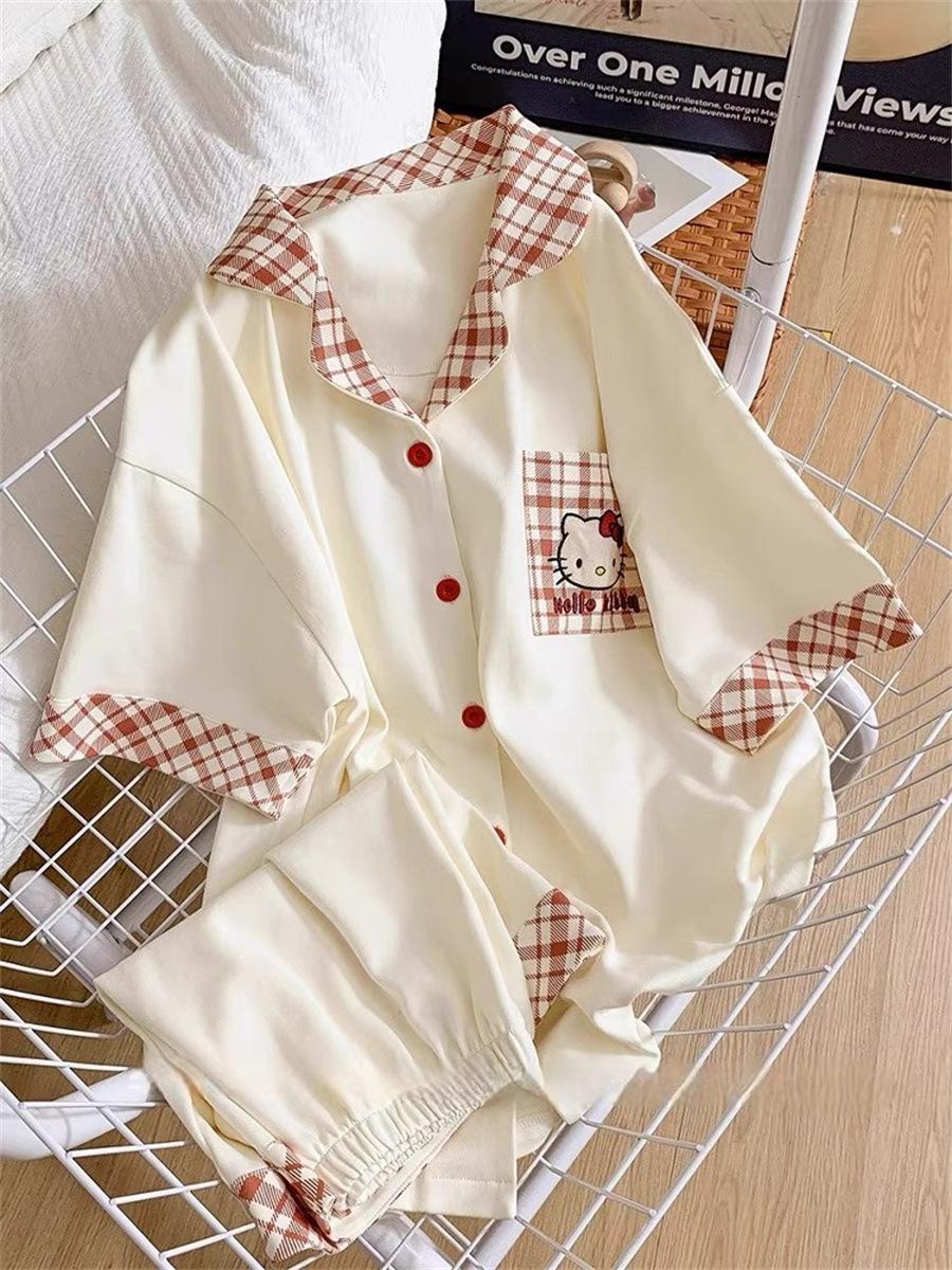 

Internet celebrity new cute contrasting color Kitty cat pajamas women s summer short-sleeved shorts set loose casual loungewear S