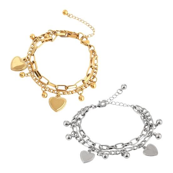 Women Bracelet Hollow Chain Heart Pendant Double-layered Lobster Clip Titanium Steel Bead Adjustable Length Electroplated Wrist Jewelry